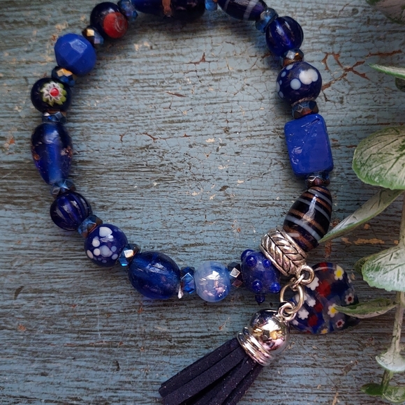 Blue Beaded Bracelet with Tassel - Picture 1 of 2